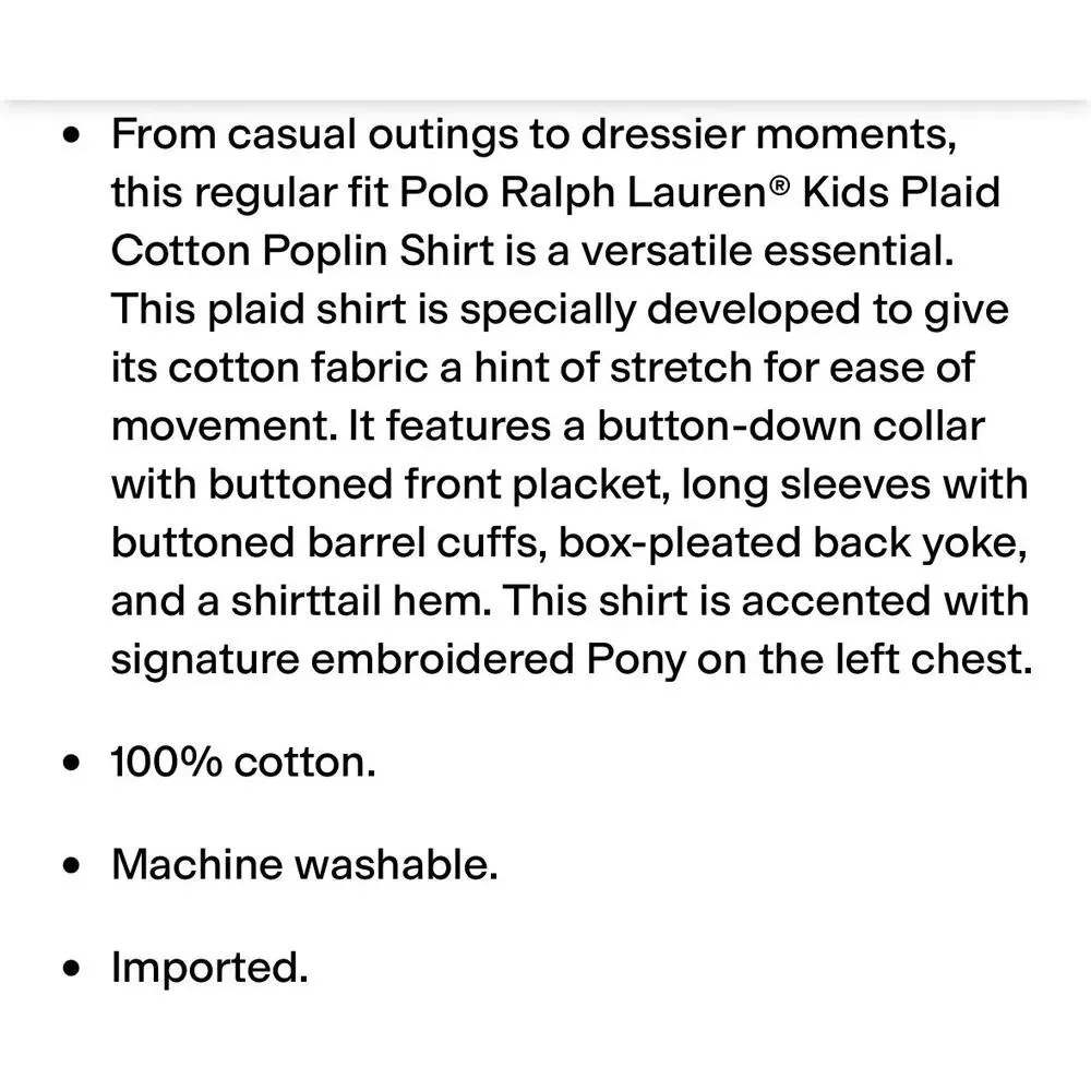 Ralph Lauren Boys 6 Plaid Button Down Classic Poplin L/S Shirt breathable cotton